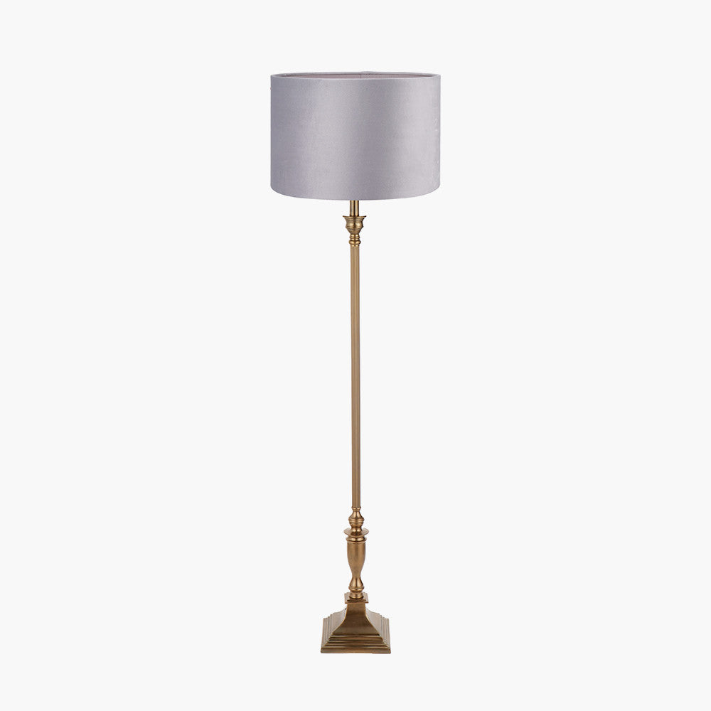 Canterbury Antique Brass Metal Floor Lamp Base with Rene 45cm Light Grey Velvet Cylinder Lampshade