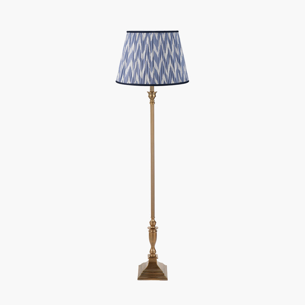 Canterbury Antique Brass Metal Floor Lamp Base with Kamilah 45cm Blue Chevron Patterned Mushroom Pleat Tapered Lamp Shade