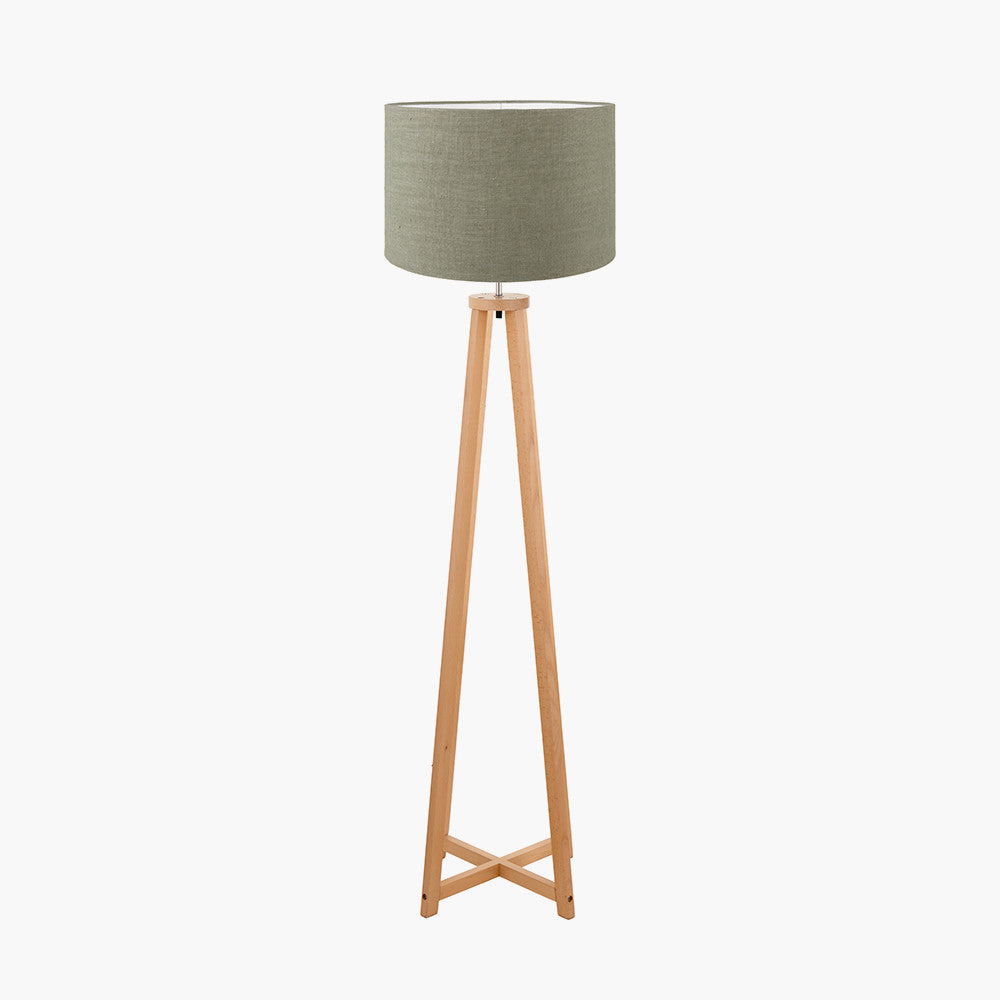 Whitby Natural Wood Tapered 4 Post Floor Lamp Base with Edward 45cm Pistachio Green Linen Cylinder Lampshade