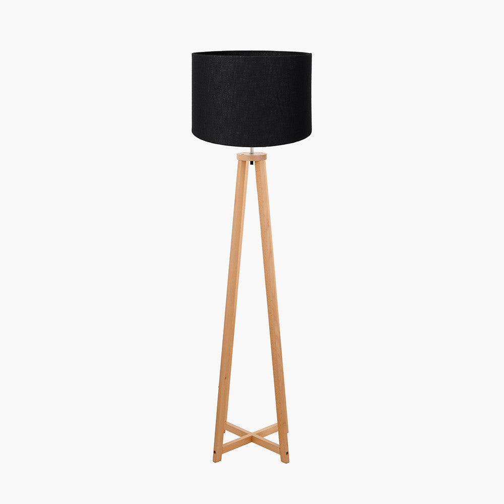 Whitby Natural Wood Tapered 4 Post Floor Lamp Base with Lino 45cm Black Self Lined Linen Cylinder Lampshade