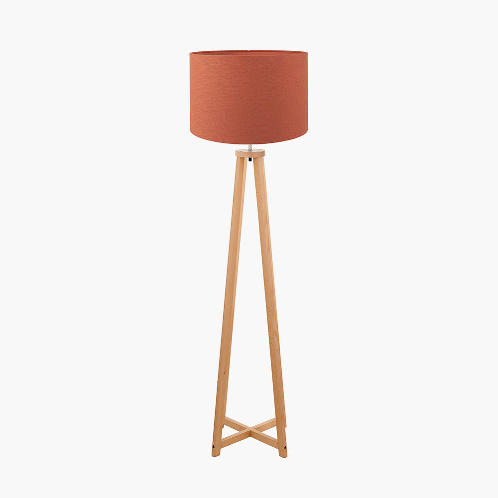 Whitby Natural Wood Tapered 4 Post Floor Lamp Base with Lino 45cm Cinnamon Self Lined Linen Cylinder Lampshade