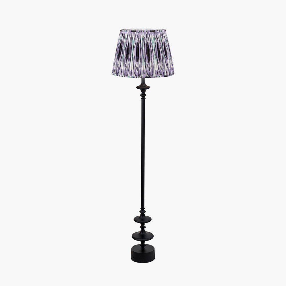 Emilio Matt Black Candlestick Floor Lamp Base with Izara 45cm Lilac Ikat Patterned Mushroom Pleat Tapered Lampshade