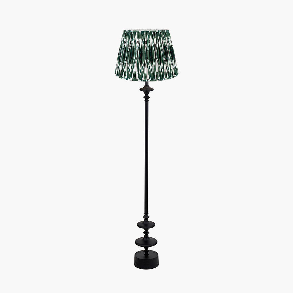 Emilio Matt Black Candlestick Floor Lamp Base with Izara 45cm Racing Green Ikat Patterned Mushroom Pleat Tapered Lampshade