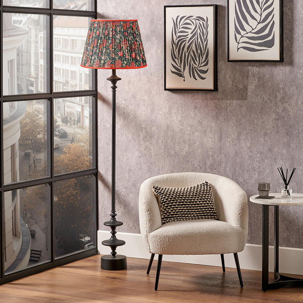 Emilio Matt Black Candlestick Floor Lamp Base with Floressa 45cm Red Floral Patterned Mushroom Pleat Tapered Lamp Shade