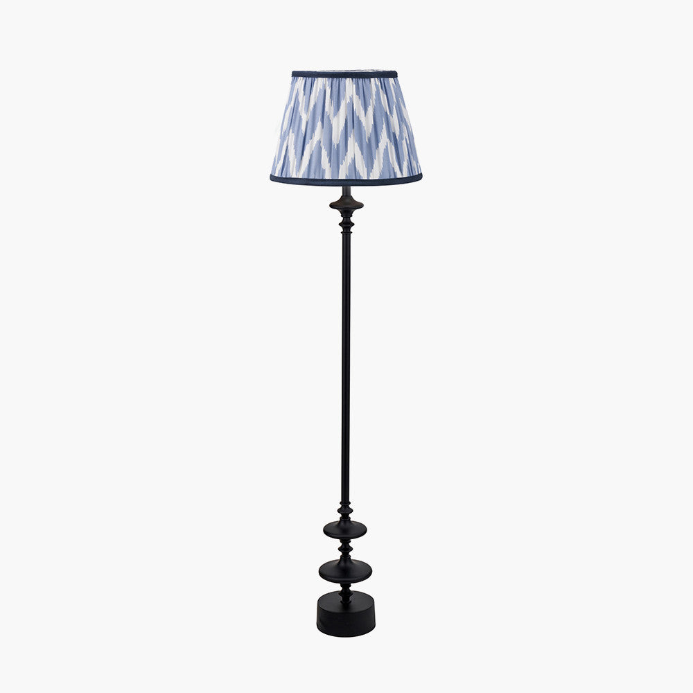 Emilio Matt Black Candlestick Floor Lamp Base with Kamilah 45cm Blue Chevron Patterned Mushroom Pleat Tapered Lamp Shade
