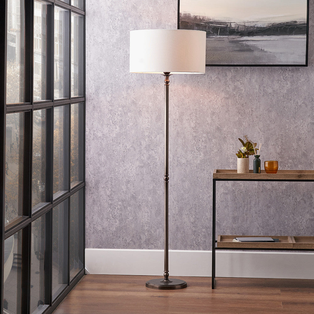 Piero Antique Bronze Metal Candlestick Floor Lamp Base with Henry 45cm White Handloom Cylinder Lampshade
