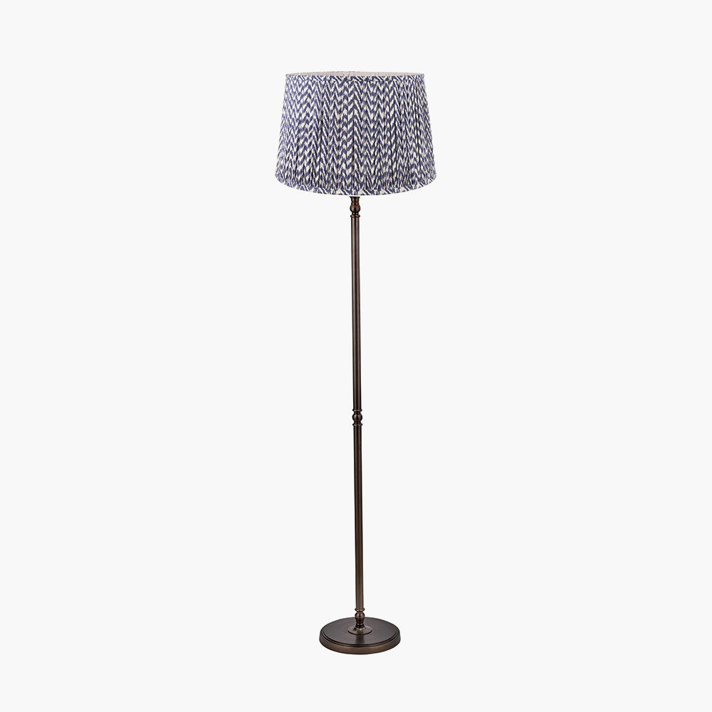 Piero Antique Bronze Metal Candlestick Floor Lamp Base with Vienna 45cm Blue Chevron Mushroom Pleat Lampshade