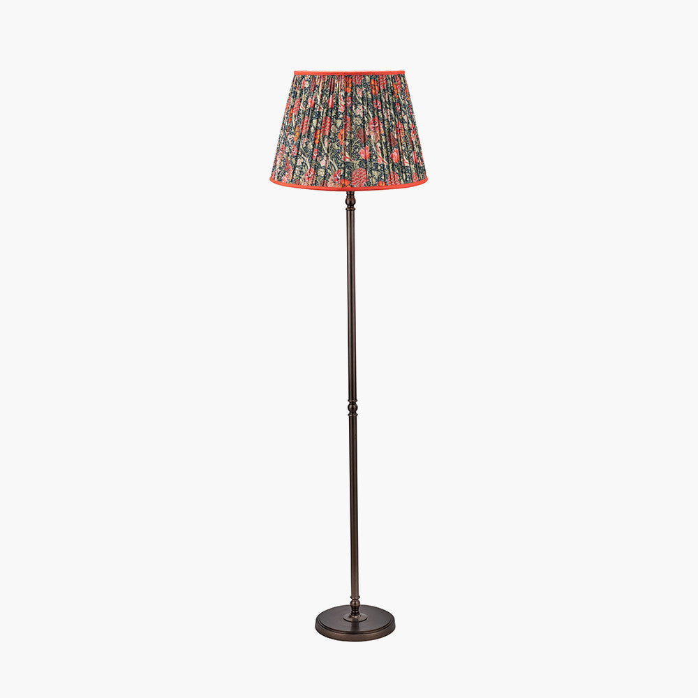 Piero Antique Bronze Metal Candlestick Floor Lamp Base with Floressa 45cm Red Floral Patterned Mushroom Pleat Tapered Lamp Shade