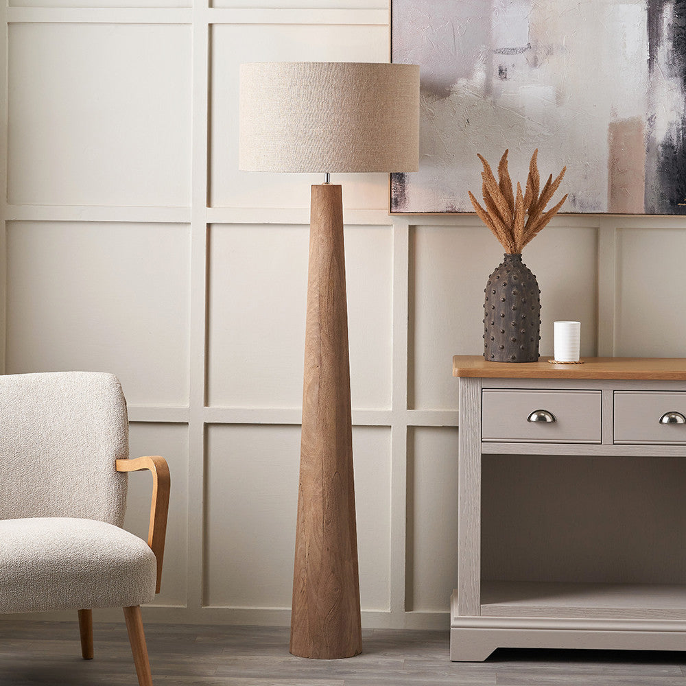 Esha Natural Conical Wood Floor Lamp Base with Edward 50cm Natural Linen Cylinder Lampshade