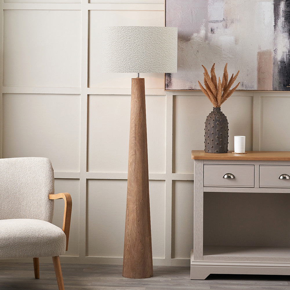 Esha Natural Conical Wood Floor Lamp Base with Rouen 50cm White Boucle Cylinder Lampshade
