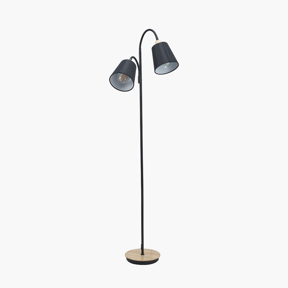 Juna Black Metal and Natural Wood Two Head Floor Lamp