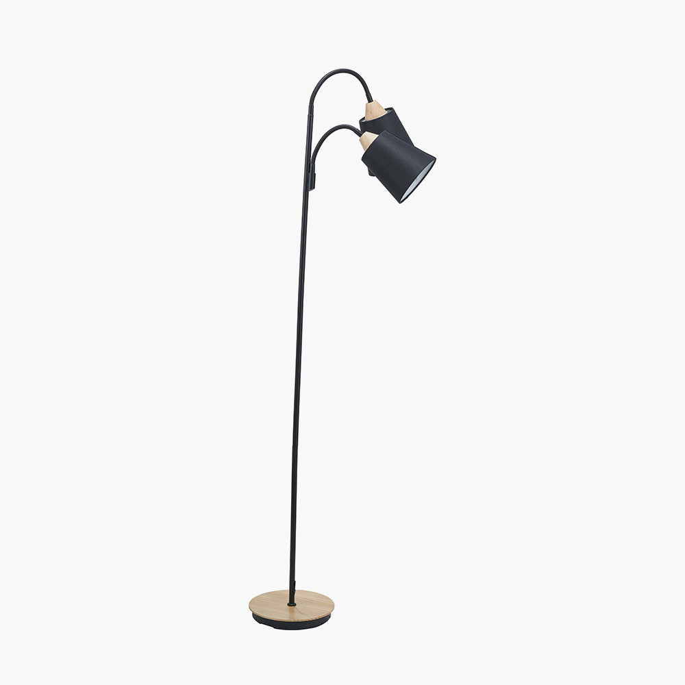 Juna Black Metal and Natural Wood Two Head Floor Lamp