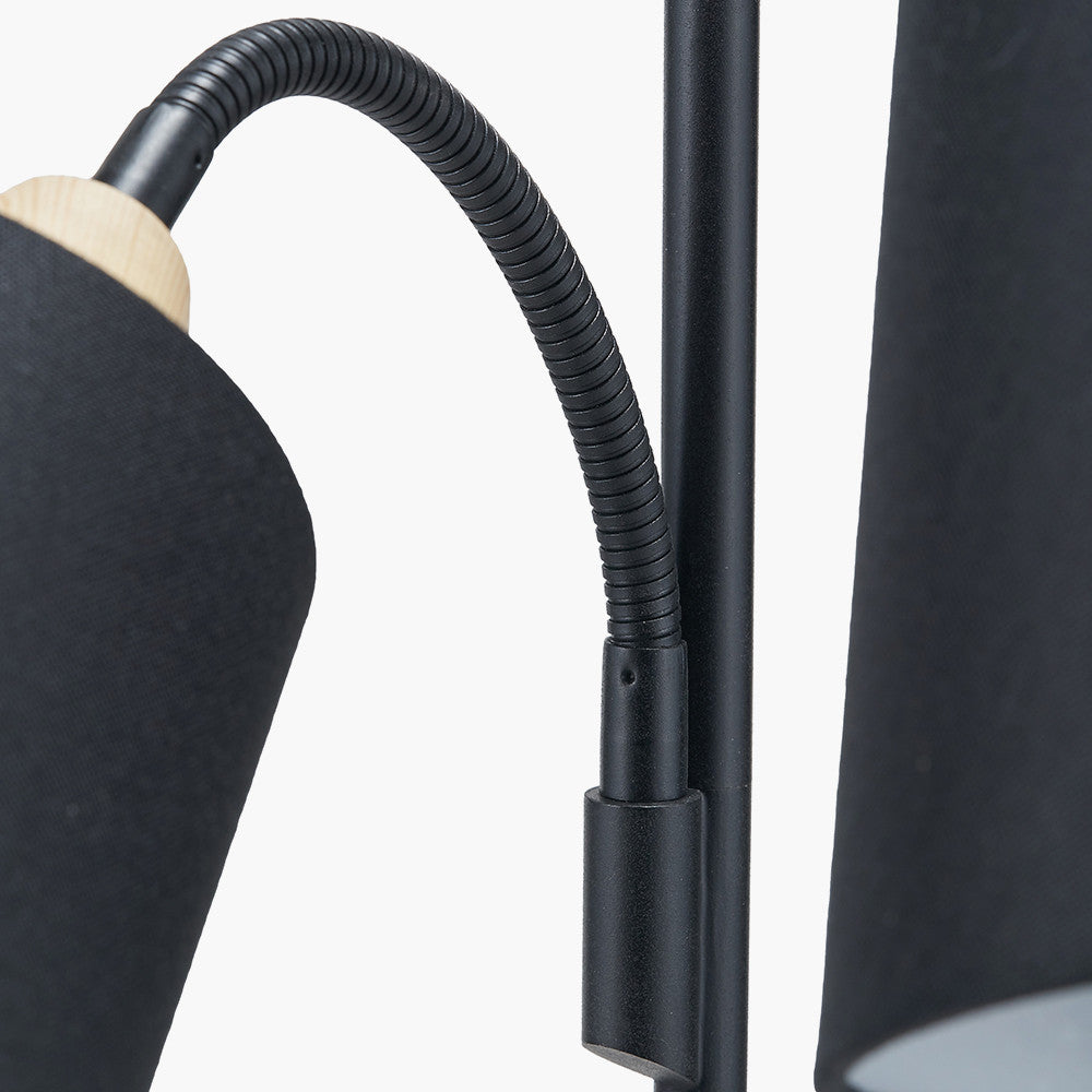 Juna Black Metal and Natural Wood Two Head Floor Lamp