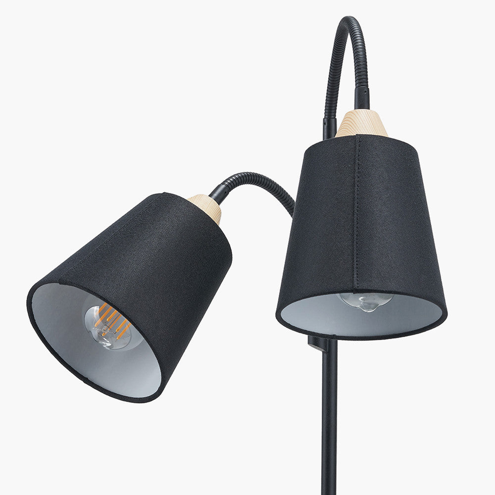 Juna Black Metal and Natural Wood Two Head Floor Lamp