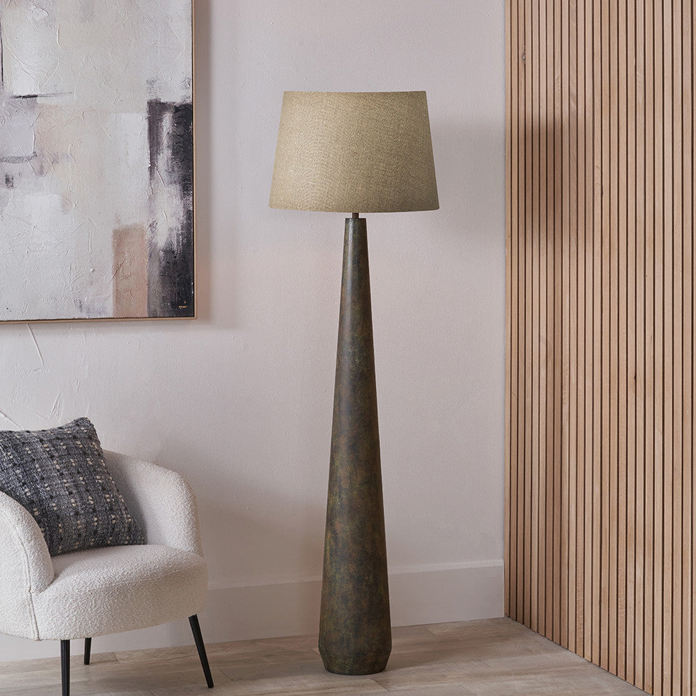 Arbor Verdi Gris Metal Conical Floor Lamp Base with Milos 50cm Natural Linen Tapered Lampshade
