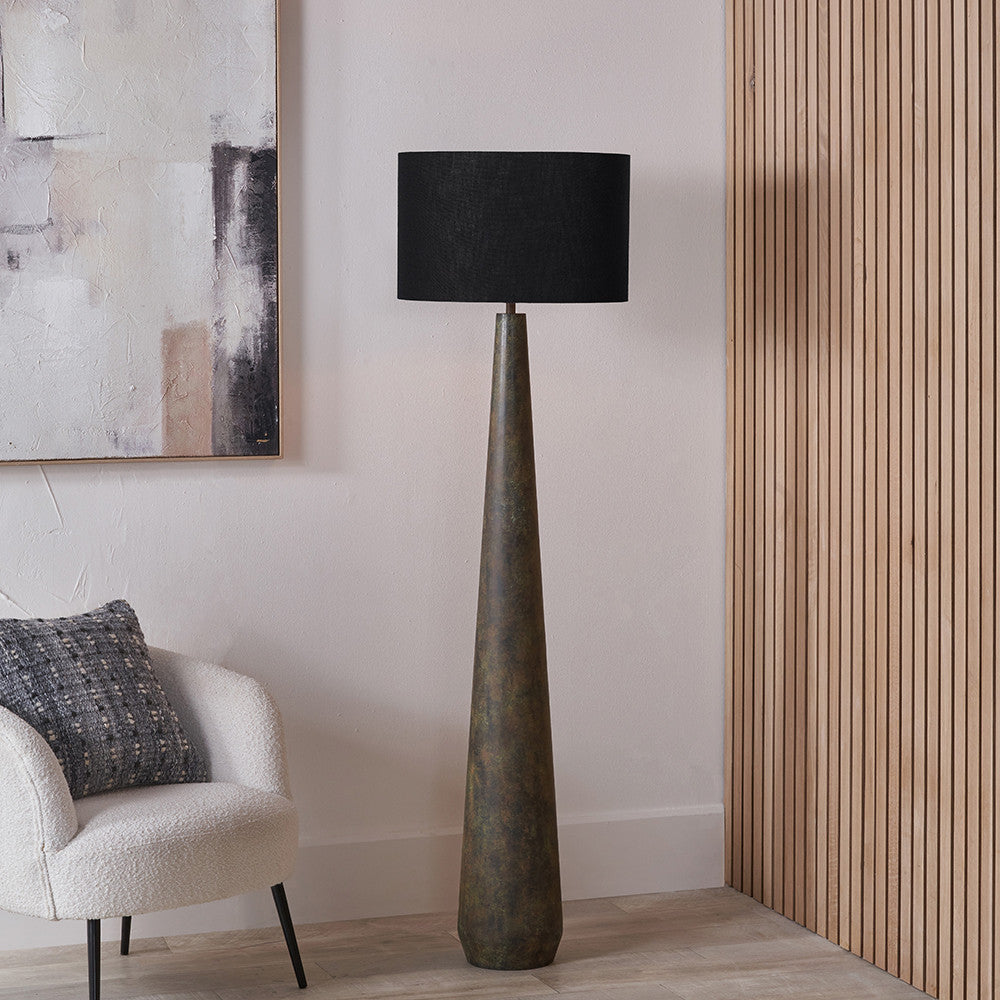 Arbor Verdi Gris Metal Conical Floor Lamp Base with Lino 45cm Black Self Lined Linen Cylinder Lampshade