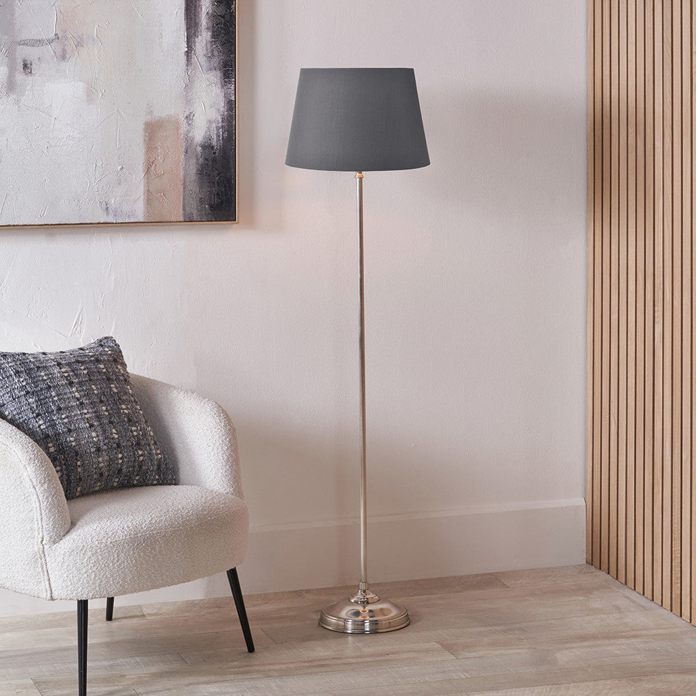 Auden Silver Metal Stick Floor Lamp Base with Adelaide 35cm Steel Grey Tapered Cotton Mix Lampshade