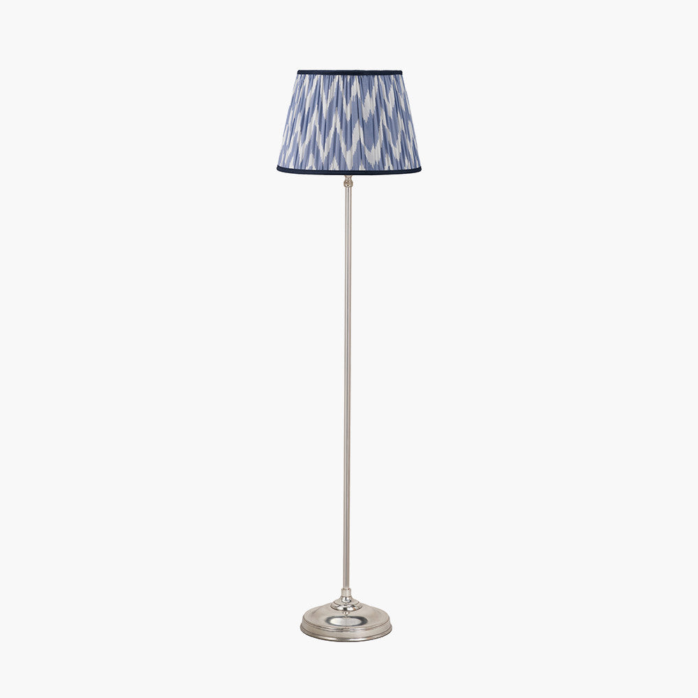 Auden Silver Metal Stick Floor Lamp Base with Kamilah 35cm Blue Chevron Patterned Mushroom Pleat Tapered Lamp Shade