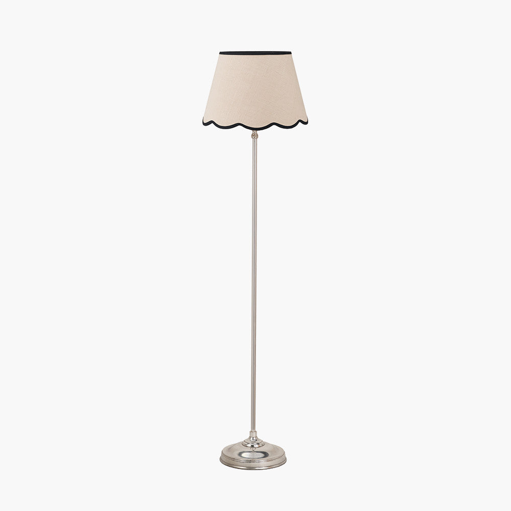 Auden Silver Metal Stick Floor Lamp Base with Tabitha 40cm Cream Jute Scalloped Edge Tapered Lamp Shade with Contrast Binding