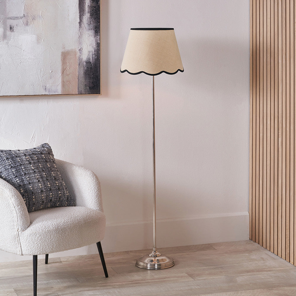 Auden Silver Metal Stick Floor Lamp Base with Tabitha 40cm Cream Jute Scalloped Edge Tapered Lamp Shade with Contrast Binding