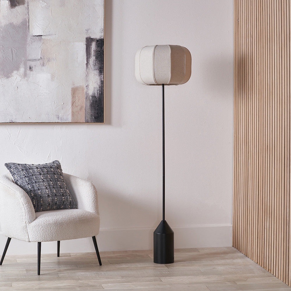 Oscar Black Metal and Natural Linen Structured Floor Lamp