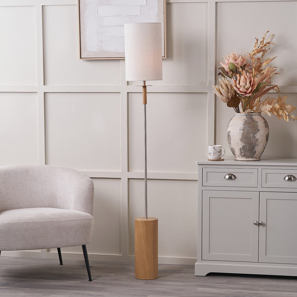 Bonham Natural Wood Veneer and Silver Metal Floor Lamp