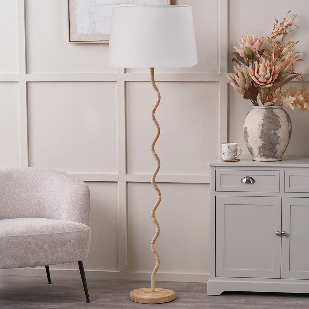 Palau Rattan Wave Floor Lamp Base with Winston 45cm White Handloom Tapered Lampshade