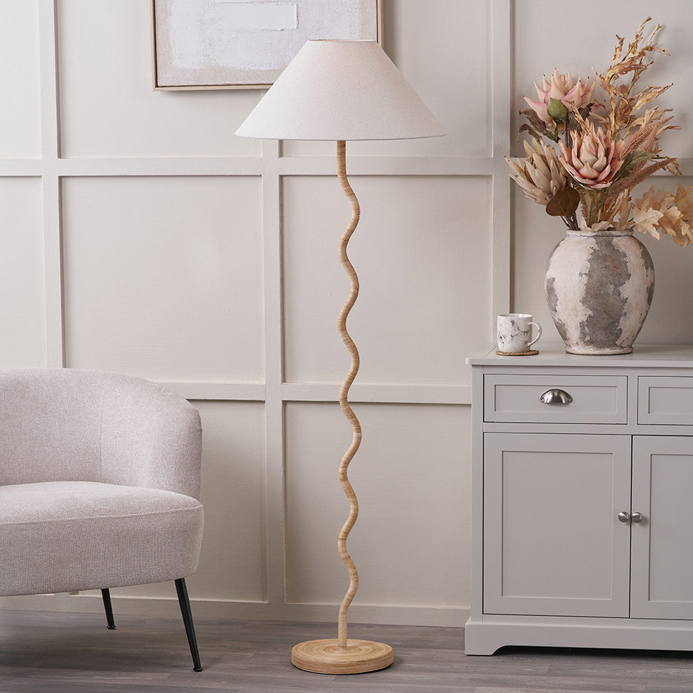 Palau Rattan Wave Floor Lamp Base with Harley 50cm Slubby Hopsack Empire Lampshade