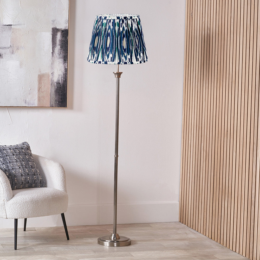 Salvatore Antique Silver Metal Floor Lamp Base with Izara 45cm Ocean Blue Ikat Patterned Mushroom Pleat Tapered Lampshade