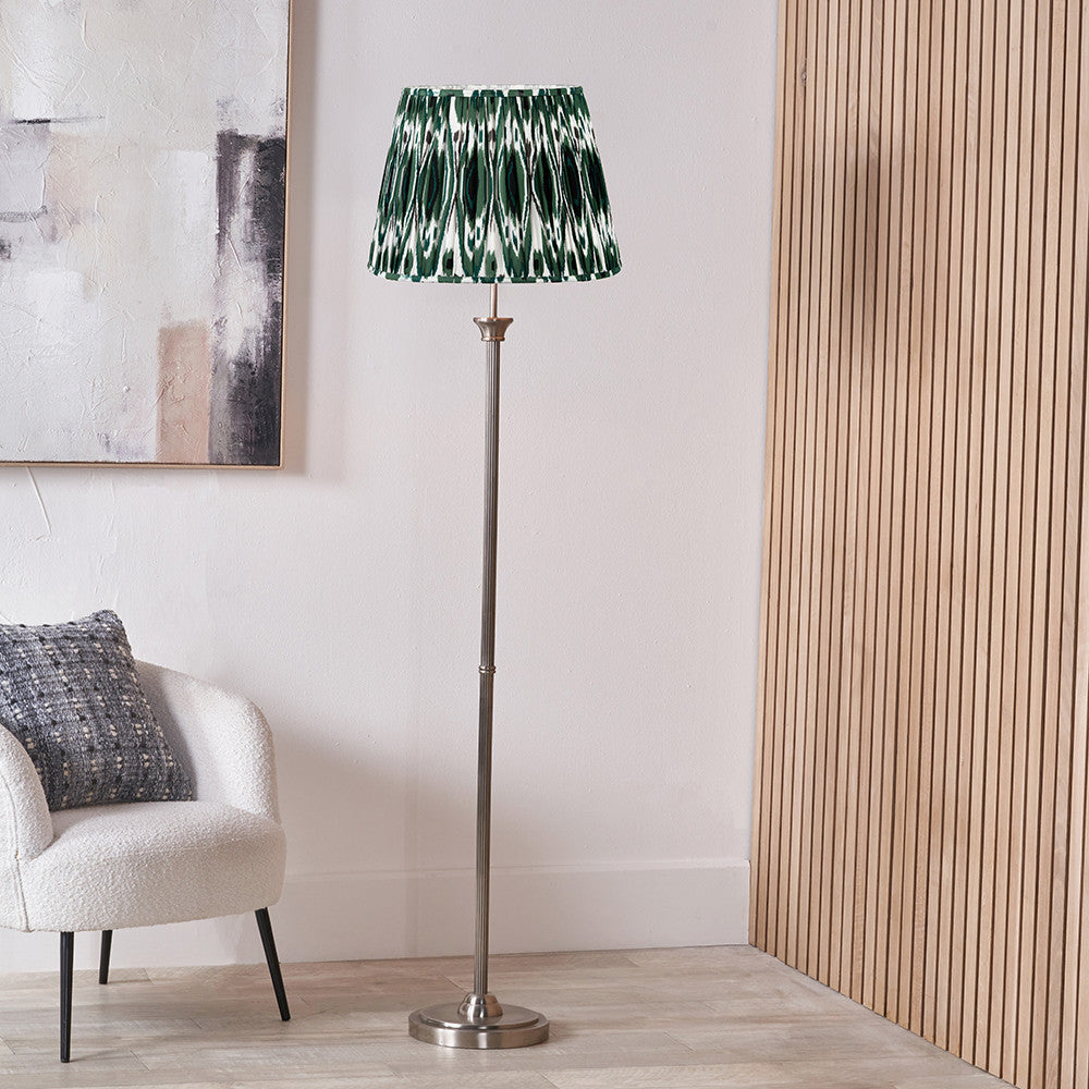Salvatore Antique Silver Metal Floor Lamp Base with Izara 45cm Racing Green Ikat Patterned Mushroom Pleat Tapered Lampshade