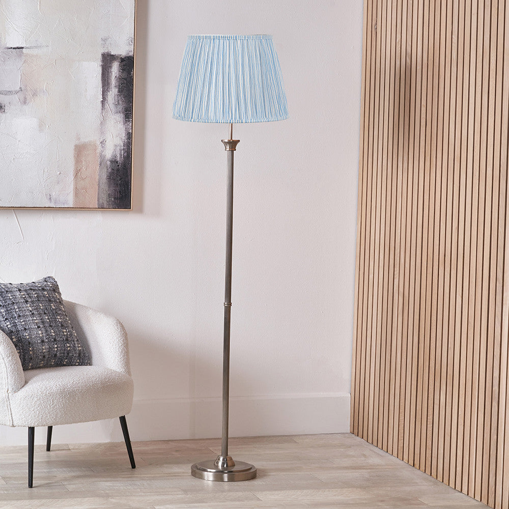 Salvatore Antique Silver Metal Floor Lamp Base with Thiago 45cm Ocean Blue Stripe Mushroom Pleat Tapered Lampshade