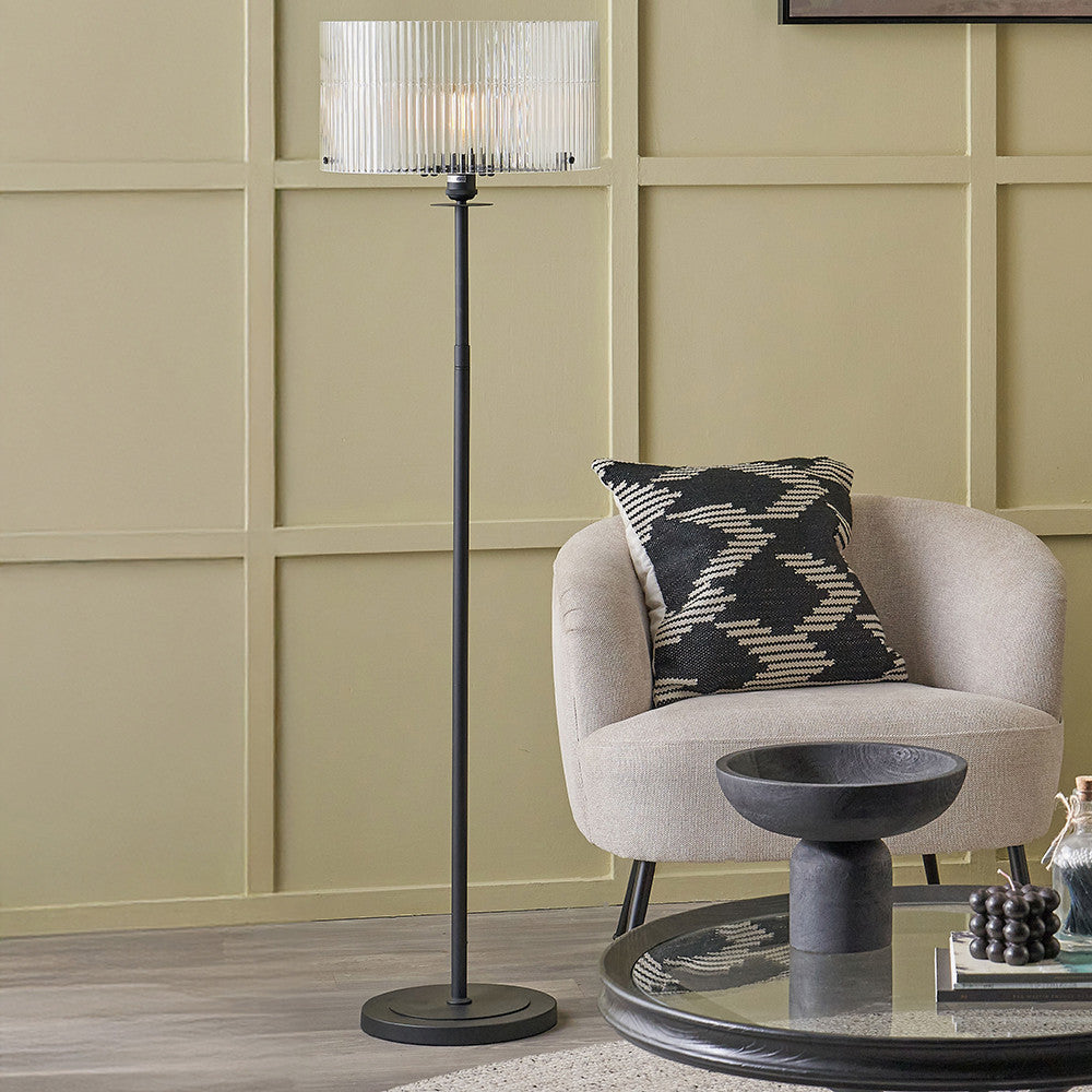 Clara Ribbed Glass Black Metal Round Floor Lamp