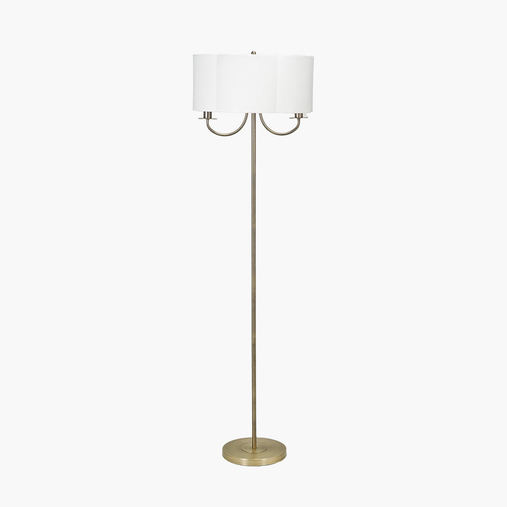 Seraphine Matt Antique Brass Metal and White Cotton Mix Scallop Shaded Floor Lamp