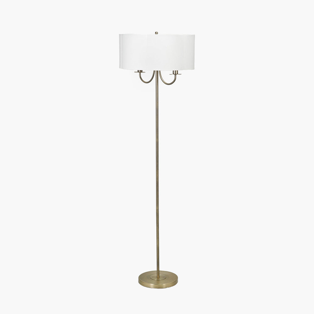 Seraphine Matt Antique Brass Metal and White Cotton Mix Scallop Shaded Floor Lamp