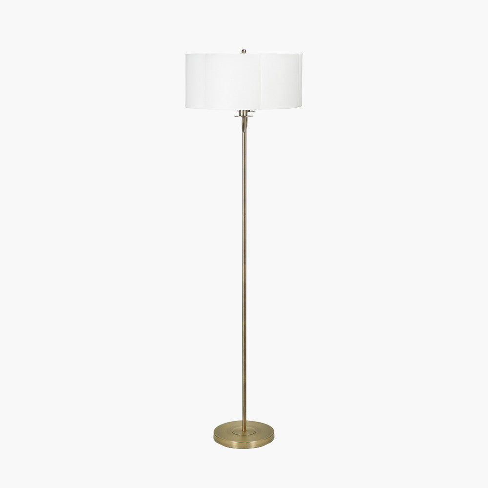 Seraphine Matt Antique Brass Metal and White Cotton Mix Scallop Shaded Floor Lamp