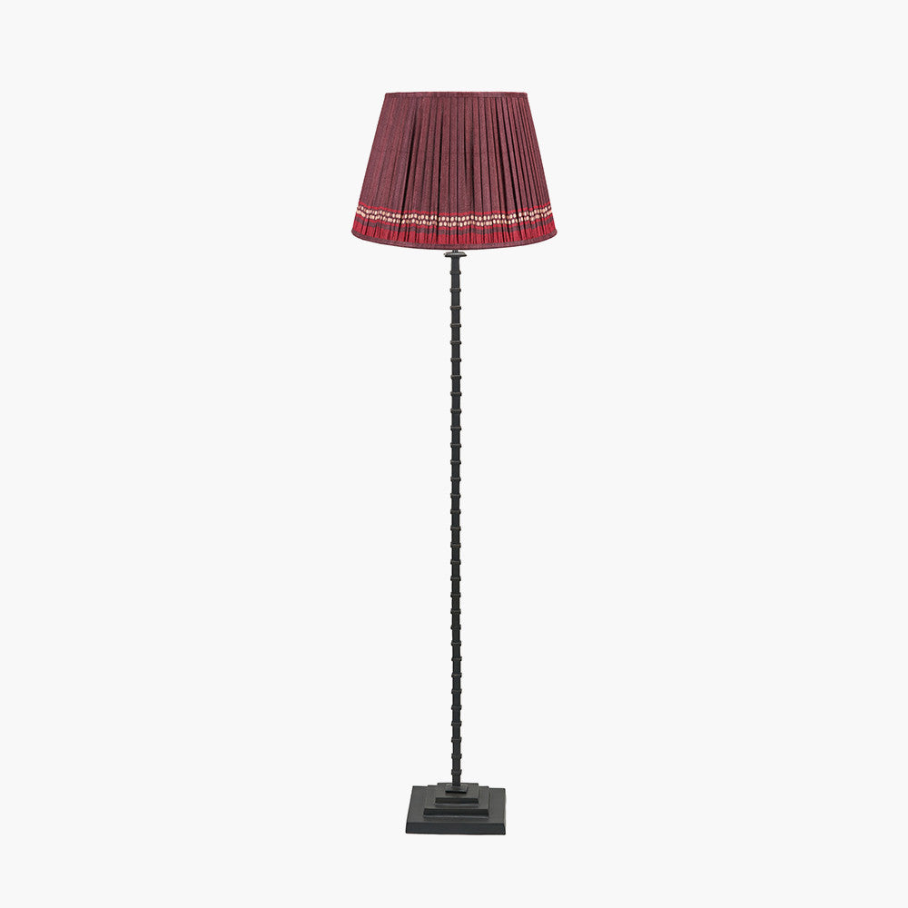 Everett Ribbed Metal Stick Floor Lamp Base with Samaira 45cm Red Silk Border Print Mushroom Pleat Tapered Lampshade