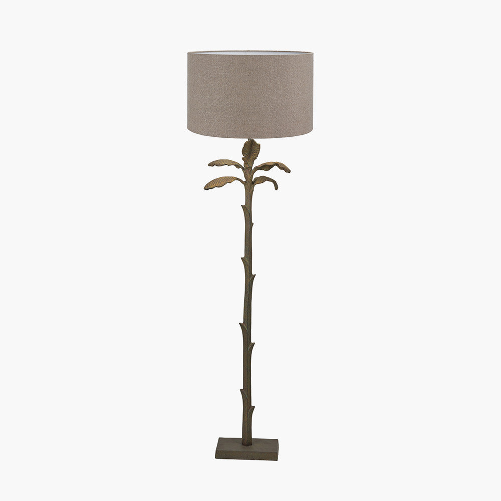 Bali Verdi Gris Metal Palm Tree Floor Lamp Base with Edward 50cm Natural Linen Cylinder Lampshade