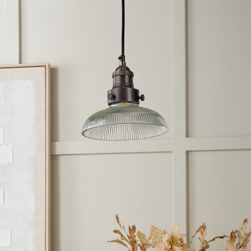 Bowery Ribbed Glass with Antique Bronze Fitting Elec Pendant