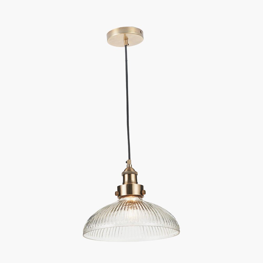Bowery Large Ribbed Glass with Antique Brass Fitting Elec Pendant