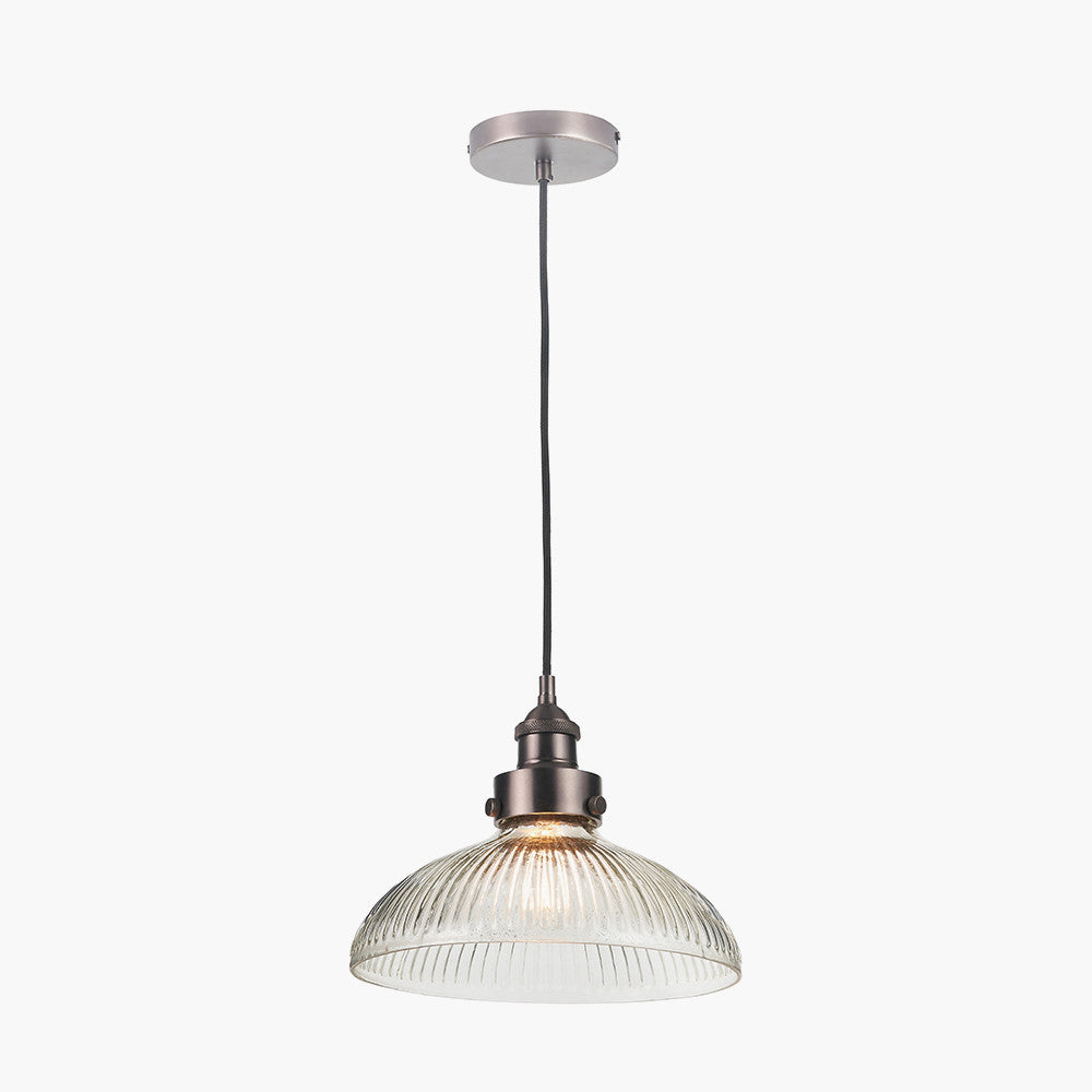 Bowery Large Ribbed Glass with Antique Bronze Fitting Elec Pendant