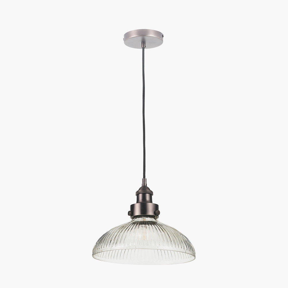 Bowery Large Ribbed Glass with Antique Bronze Fitting Elec Pendant