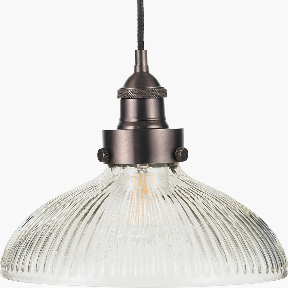 Bowery Large Ribbed Glass with Antique Bronze Fitting Elec Pendant