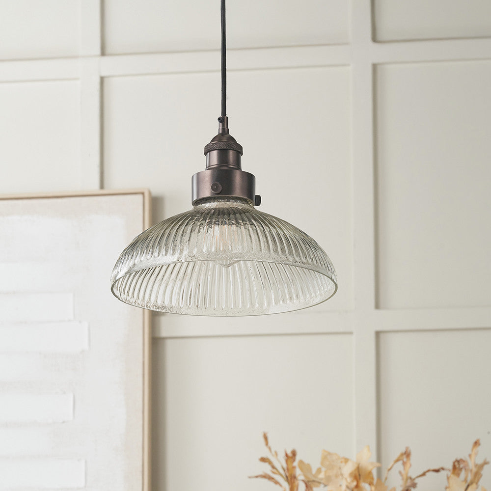 Bowery Large Ribbed Glass with Antique Bronze Fitting Elec Pendant
