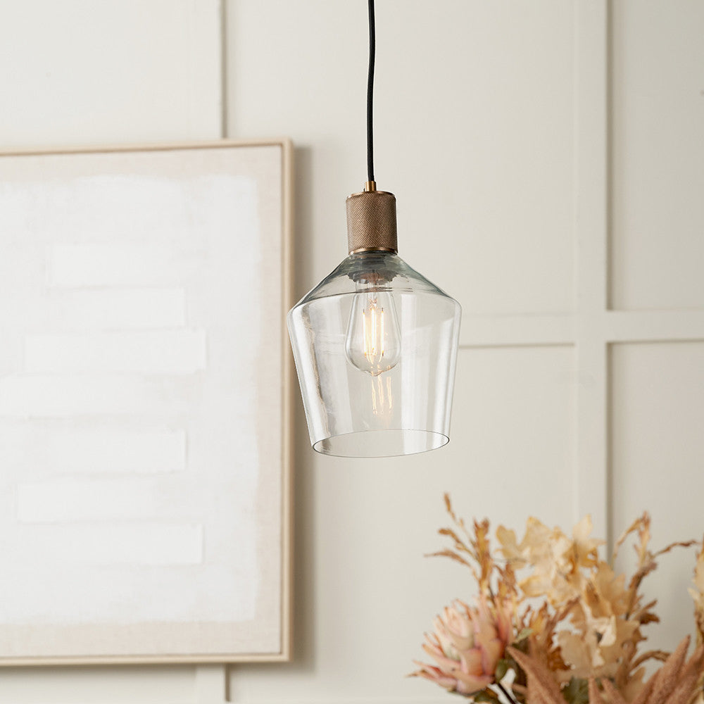 Bexley Clear Glass with Antique Brass Fitting Elec Pendant