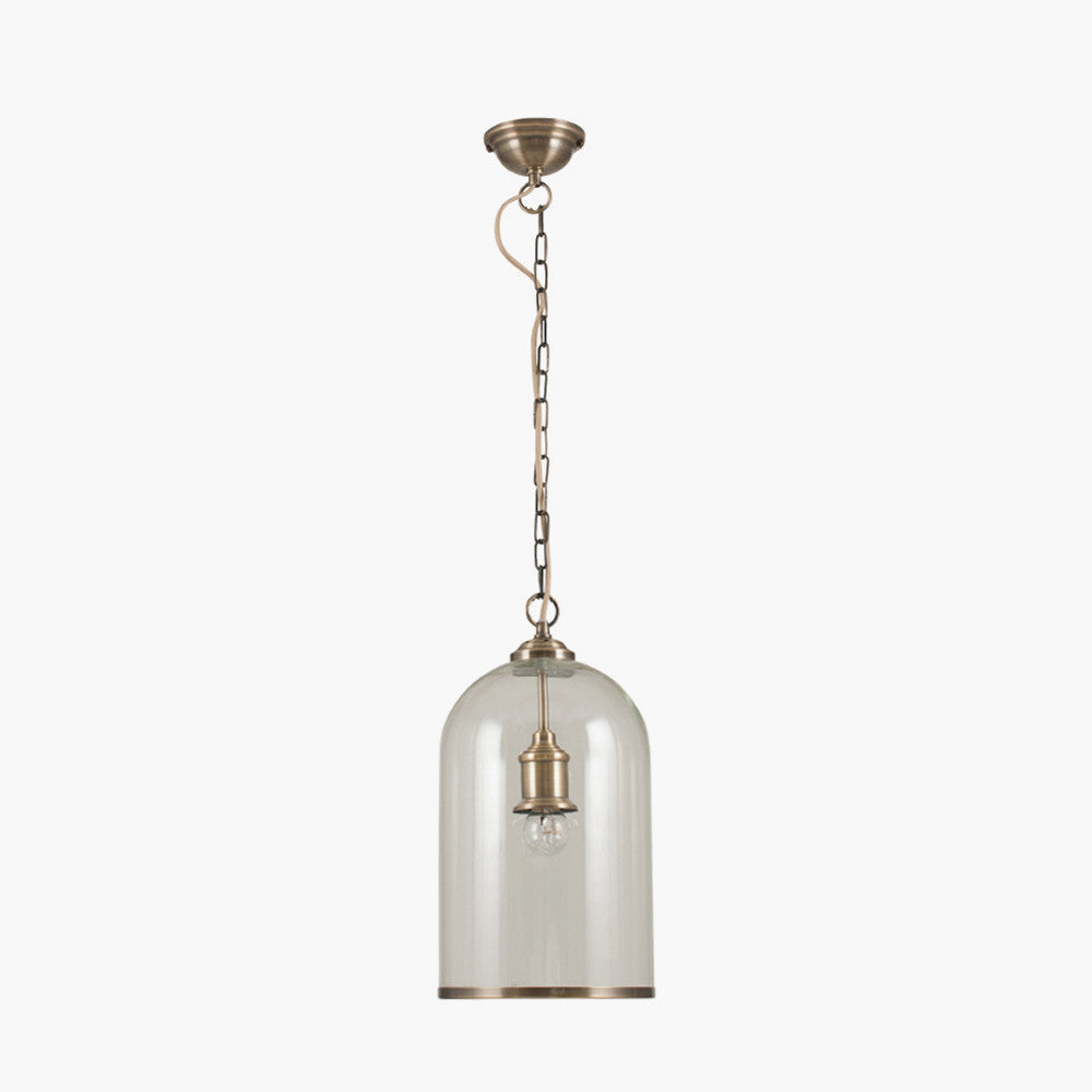 Cloche Clear Glass and Antique Brass Rimmed Pendant