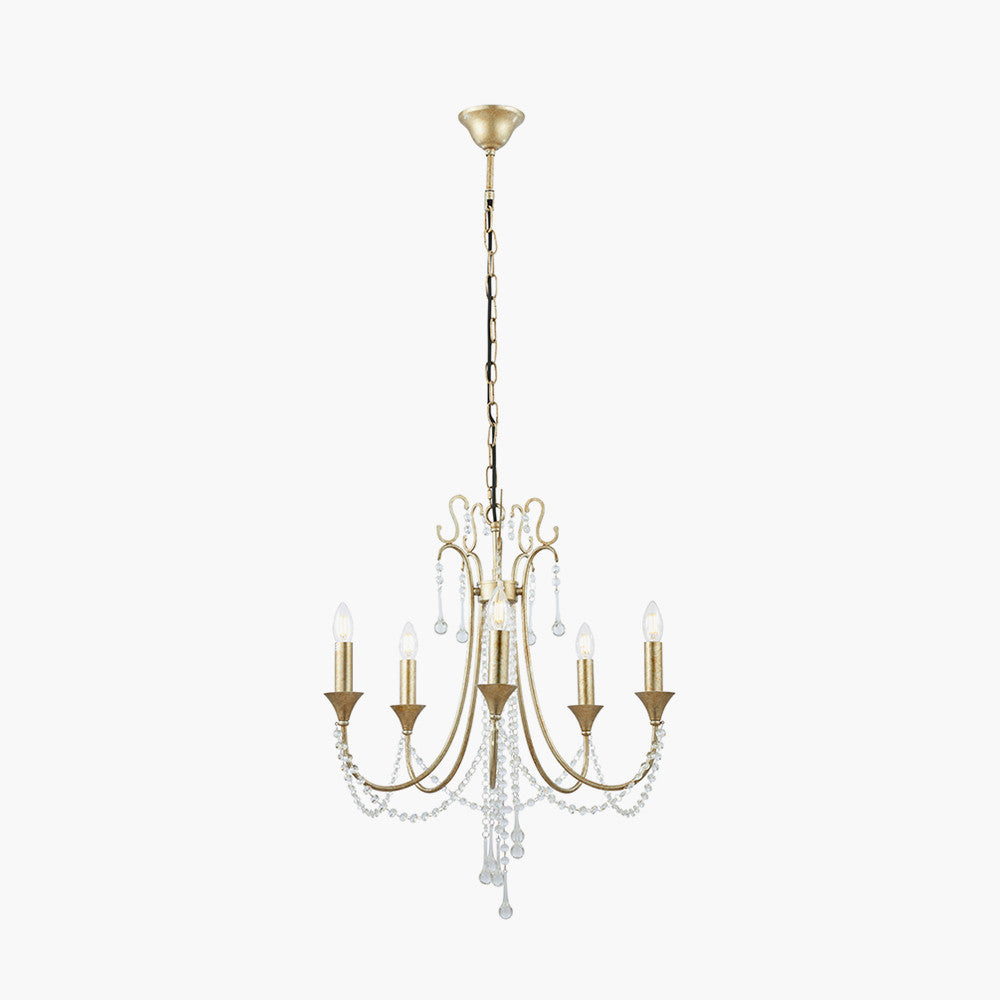 Belle Antique Silver Leaf Metal & Beaded 5 Light Chandelier Pendant