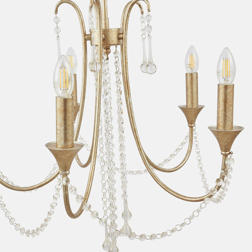 Belle Antique Silver Leaf Metal & Beaded 5 Light Chandelier Pendant