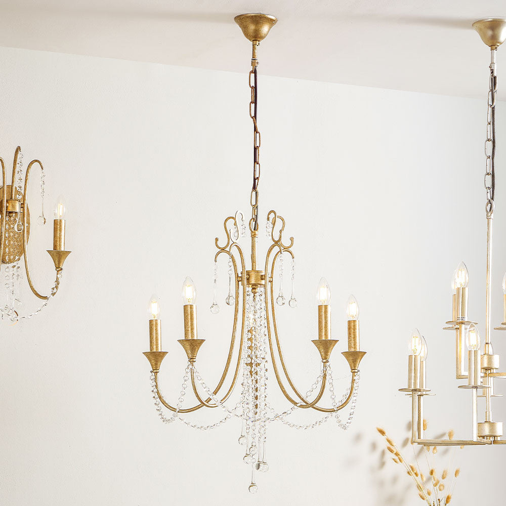 Belle Antique Silver Leaf Metal & Beaded 5 Light Chandelier Pendant