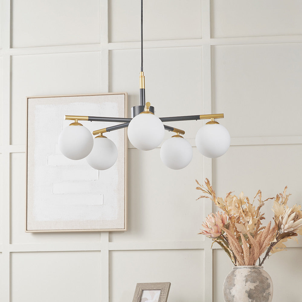 Wanda White Orb and Black Metal 5 Light Pendant