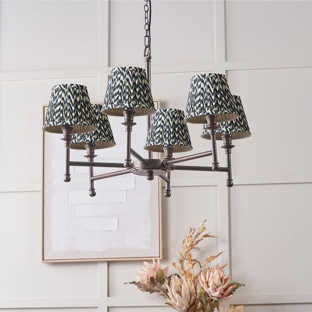Piero Antique Bronze Metal 6 Arm Pendant with Vienna 16cm Black Chevron Mushroom Pleat Lampshade